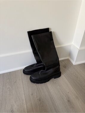 Black Leather Chunky Knee High Boots